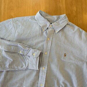 Ralph Lauren Mens Classic Fit Button Up Oxford Shirt Blue White Check Pony Large